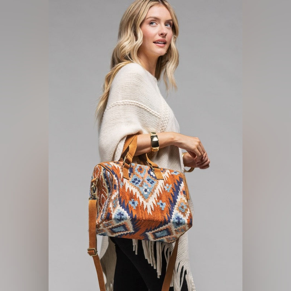 Handwoven Boho Chic Boston Bag / Satchel - Ethnic Navajo Aztec Inspired Design - Picture 6 of 7